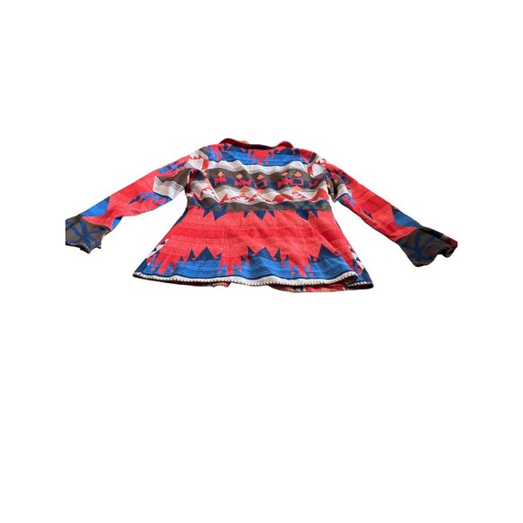 Orange blue white Aztec print open front long ruffled sleeved collared jacket - Picture 4 of 7